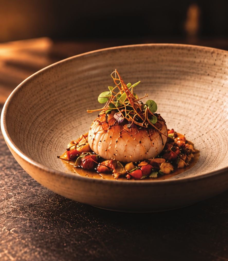 A plated signature dish in a wide ceramic bowl