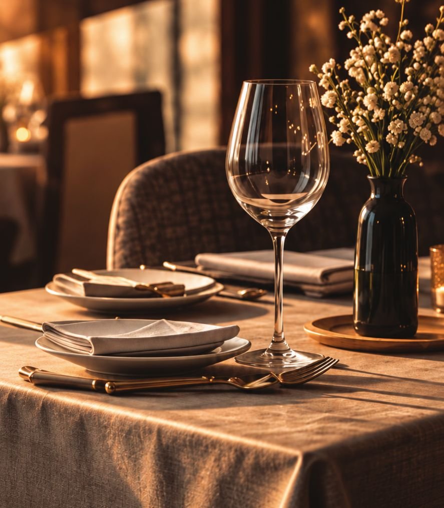 A candle-lit table set with linen, crystal and fresh flowers